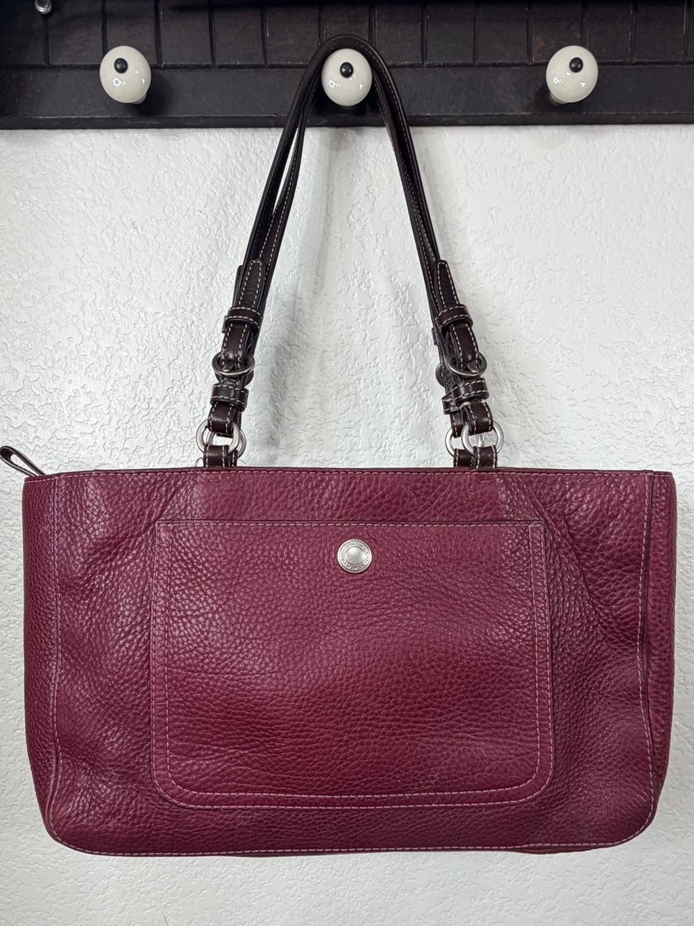 Coach Chelsea Pebbled Leather Tote Bag - Plum with Dark Brown Straps F10892